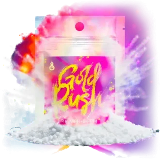 Embalagem de produto Gold Rush com efeito de rebentamento colorido.