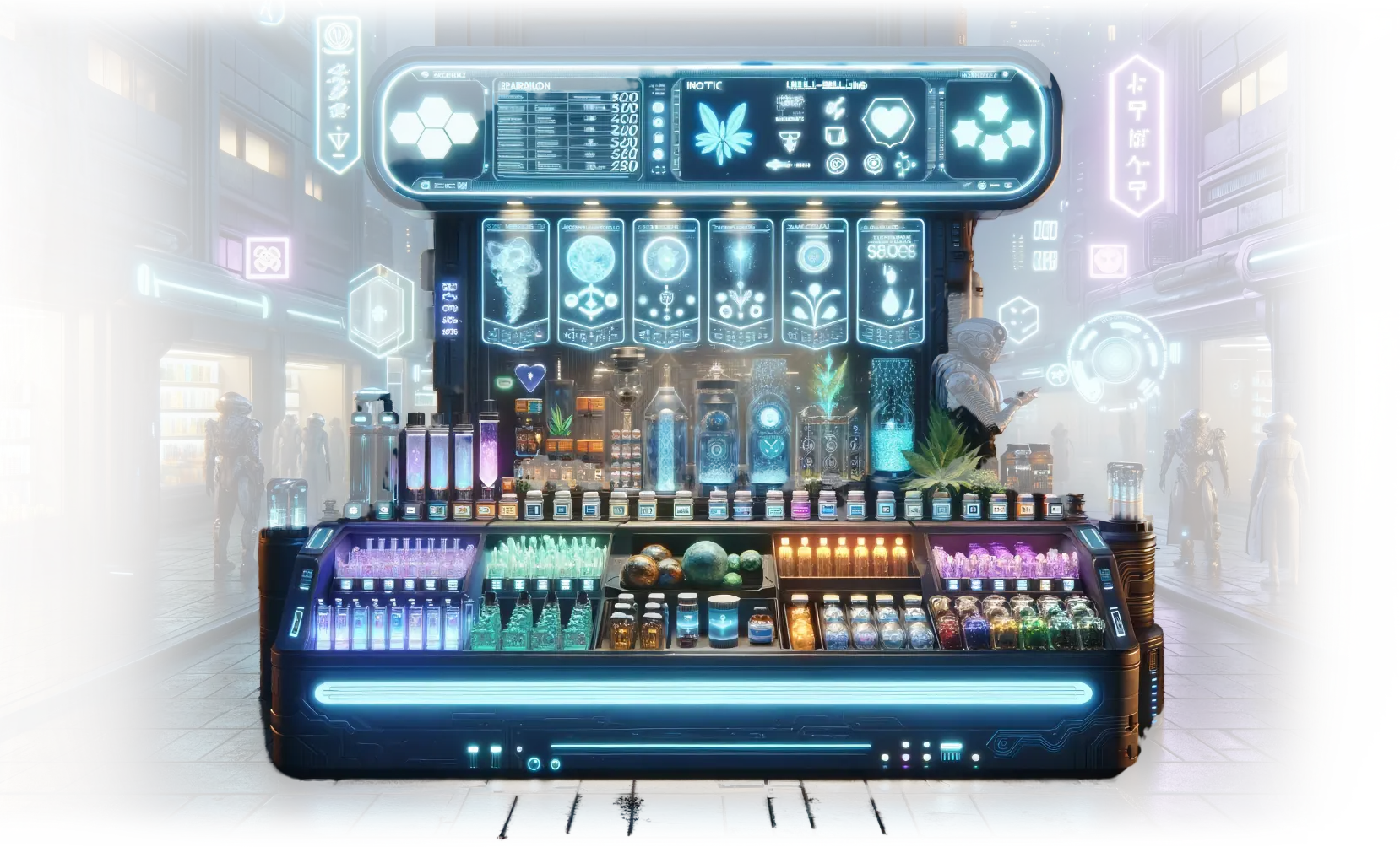 Paisagem urbana futurista com bancas de mercado em néon e ciborgues.